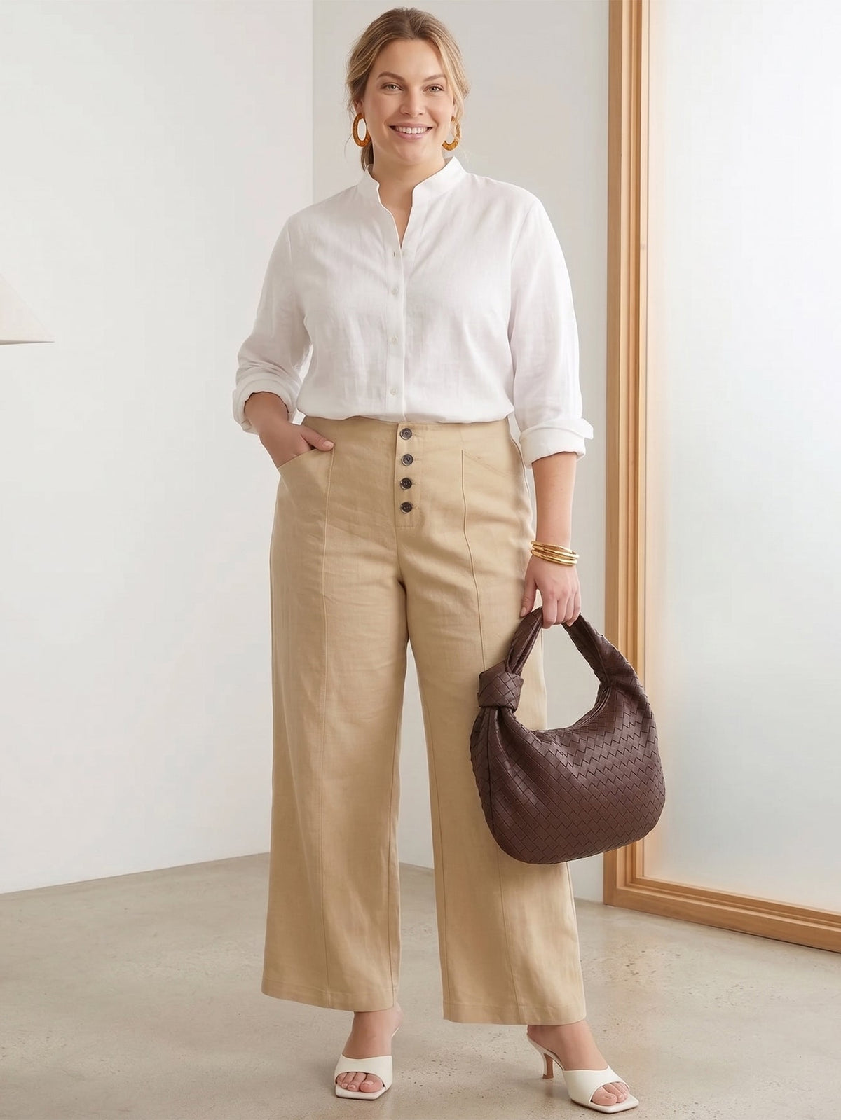 Larui Plus Size Women's ButtonDown Wide-Le-g Linen Pants