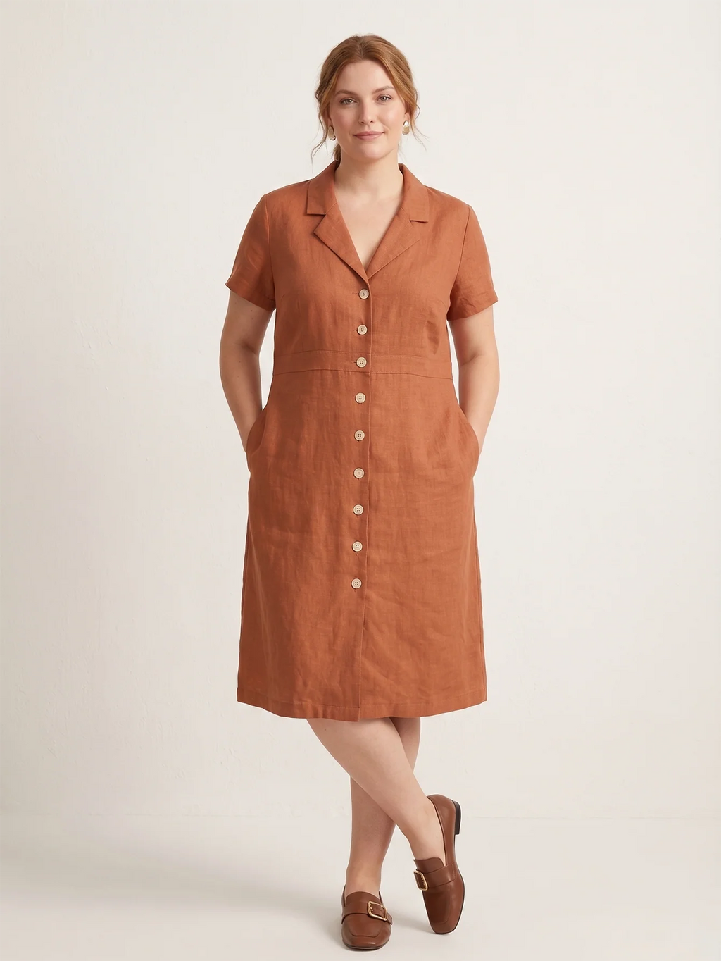 Larui Plus Size Women's Button-Down Pocket Linen Dress