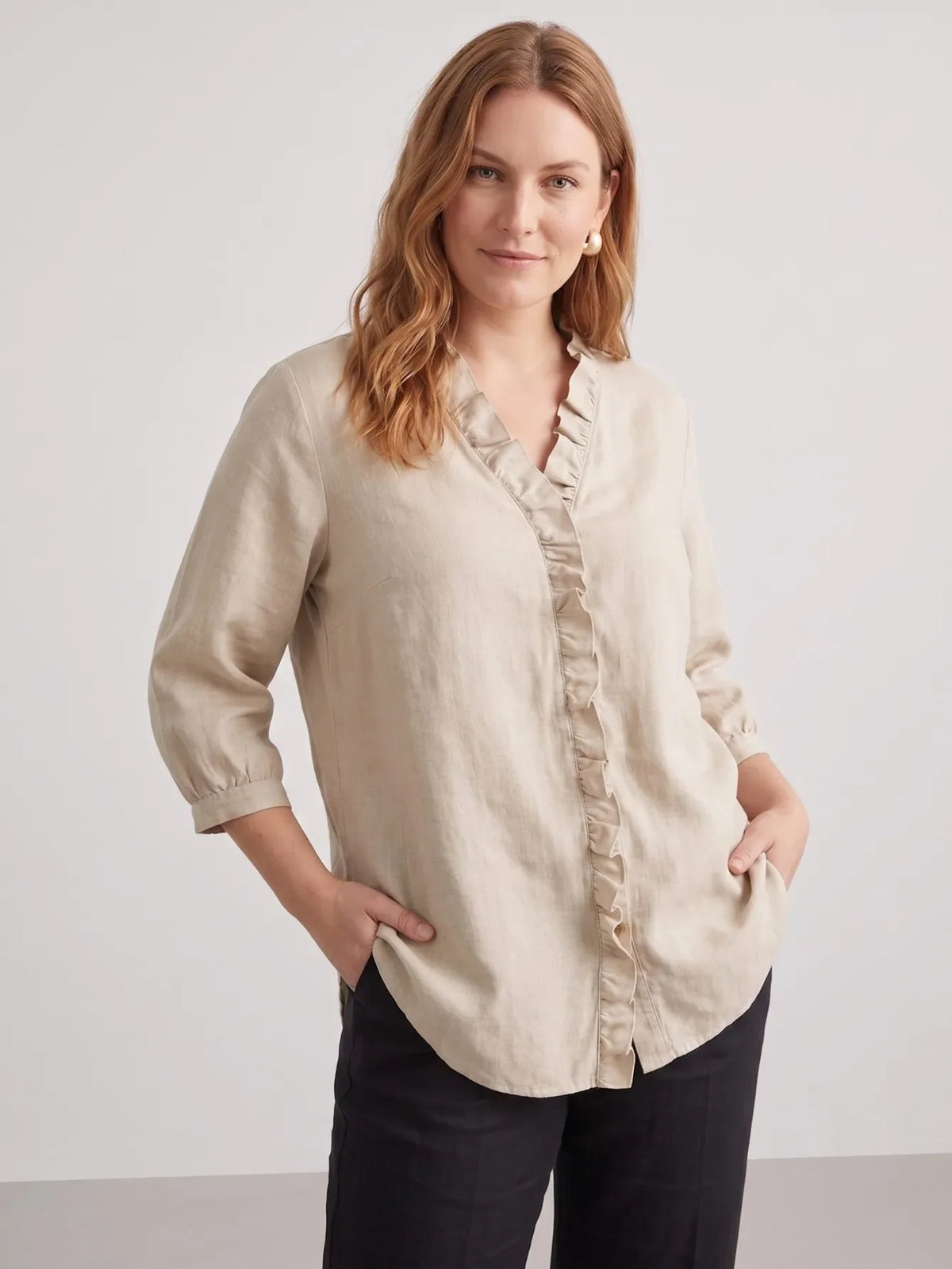 Larui Plus Size Women's Linen Ruffles 3/4 Sleeves Blouse