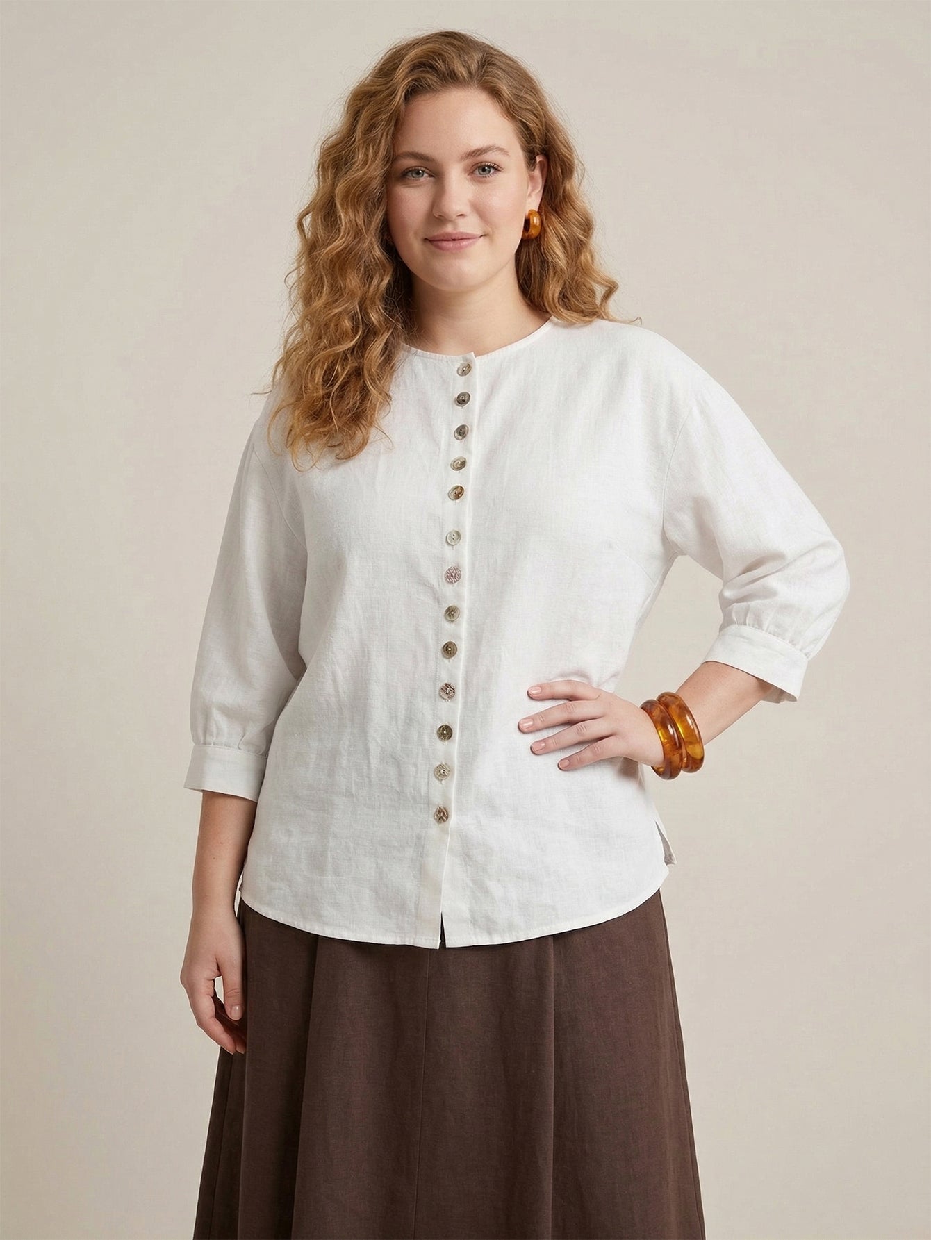 Larui Plus Size Women's Shell Button Linen Shirt