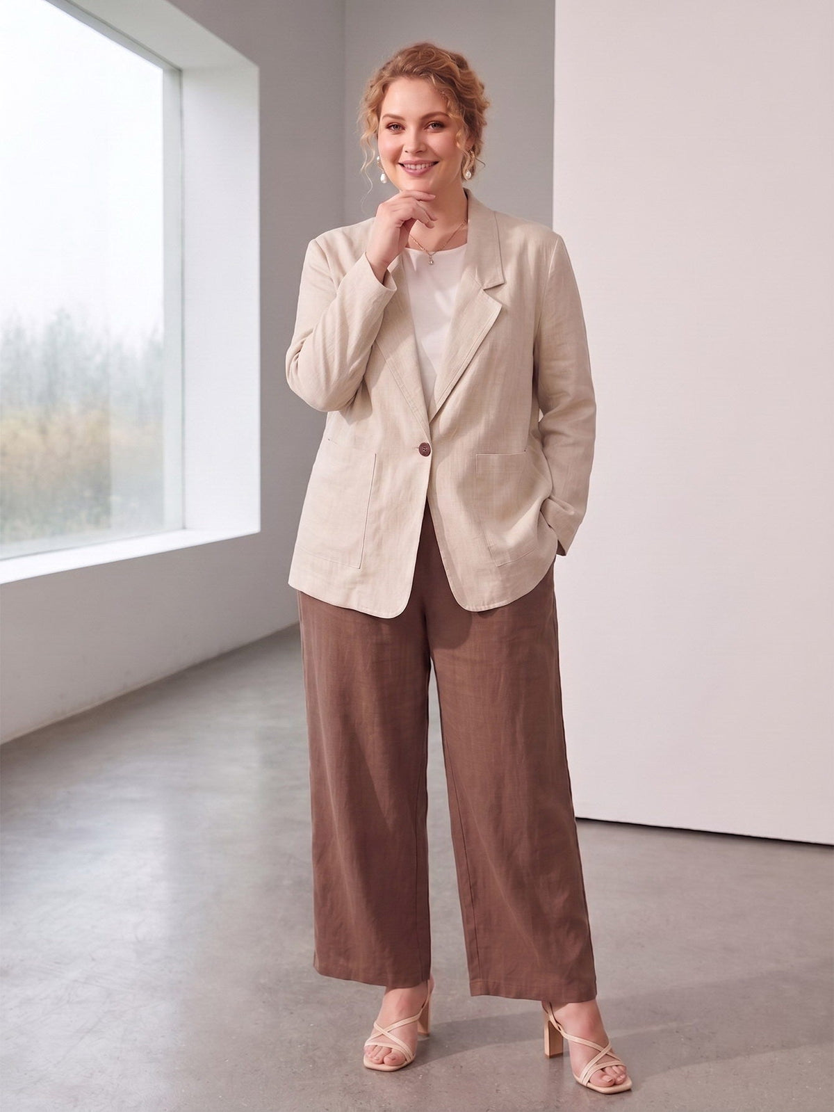 Larui Plus Size Women's Linen Long Sleeves Pocket Blazer