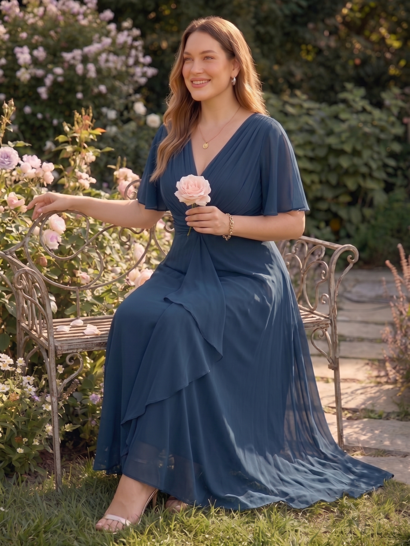 Larui Women's Plus-Size Chiffon Dress with V-Neck and Ruffled Hem
