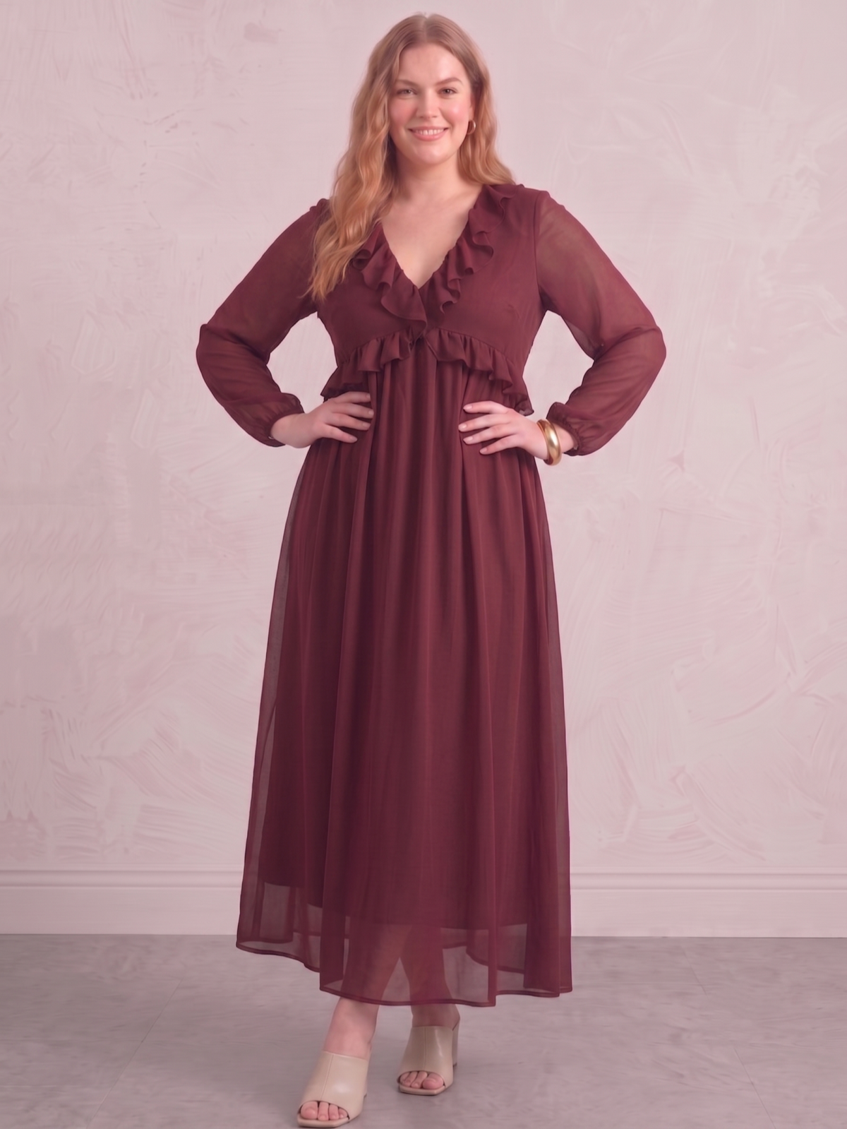 Larui Plus Size Women‘s Chiffon Ruffled V-Neck Dress