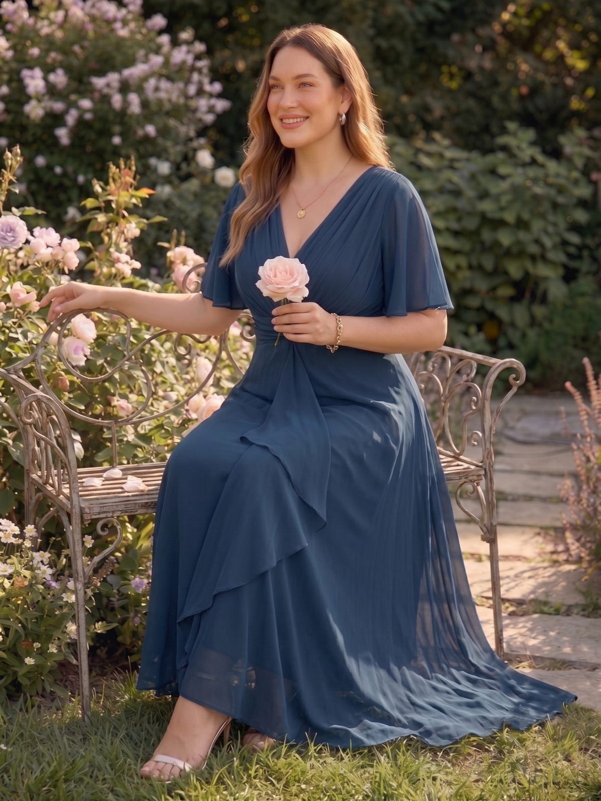 Larui Women's Plus-Size Chiffon Dress with V-Neck and Ruffled Hem
