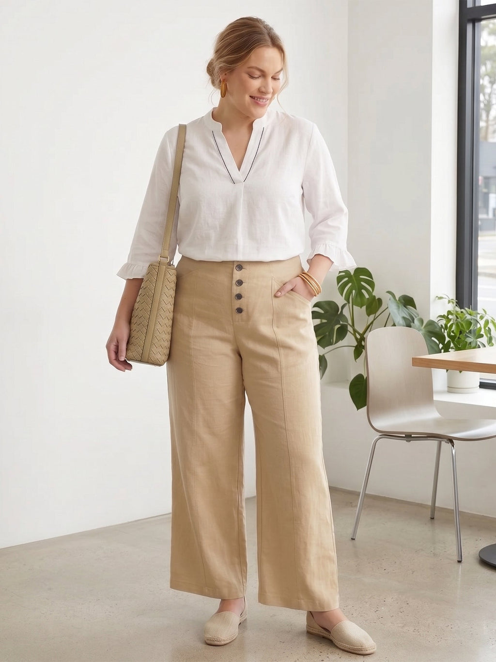 Larui Plus Size Women's Button-Down Wide-Leg Linen Pants