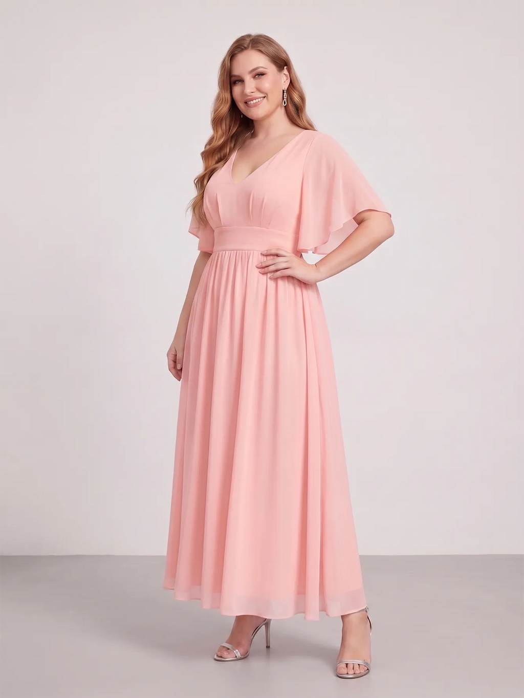 Larui Plus Size Women‘s V-Neck Chiffon Ruffles Sleeves Dress