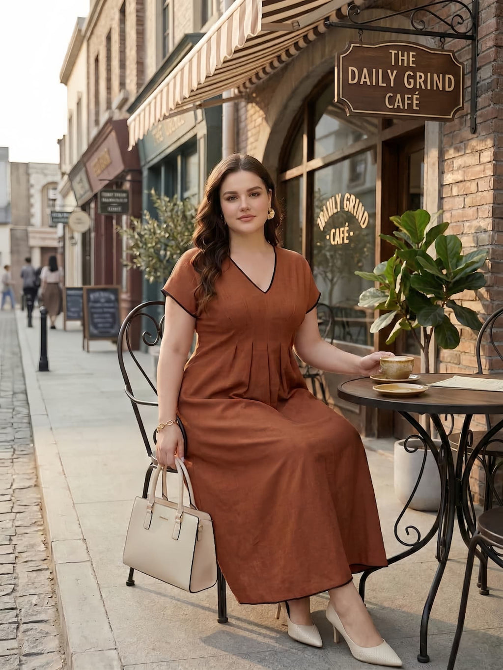 Larui Plus Size Women's Linen V-Neck Dress