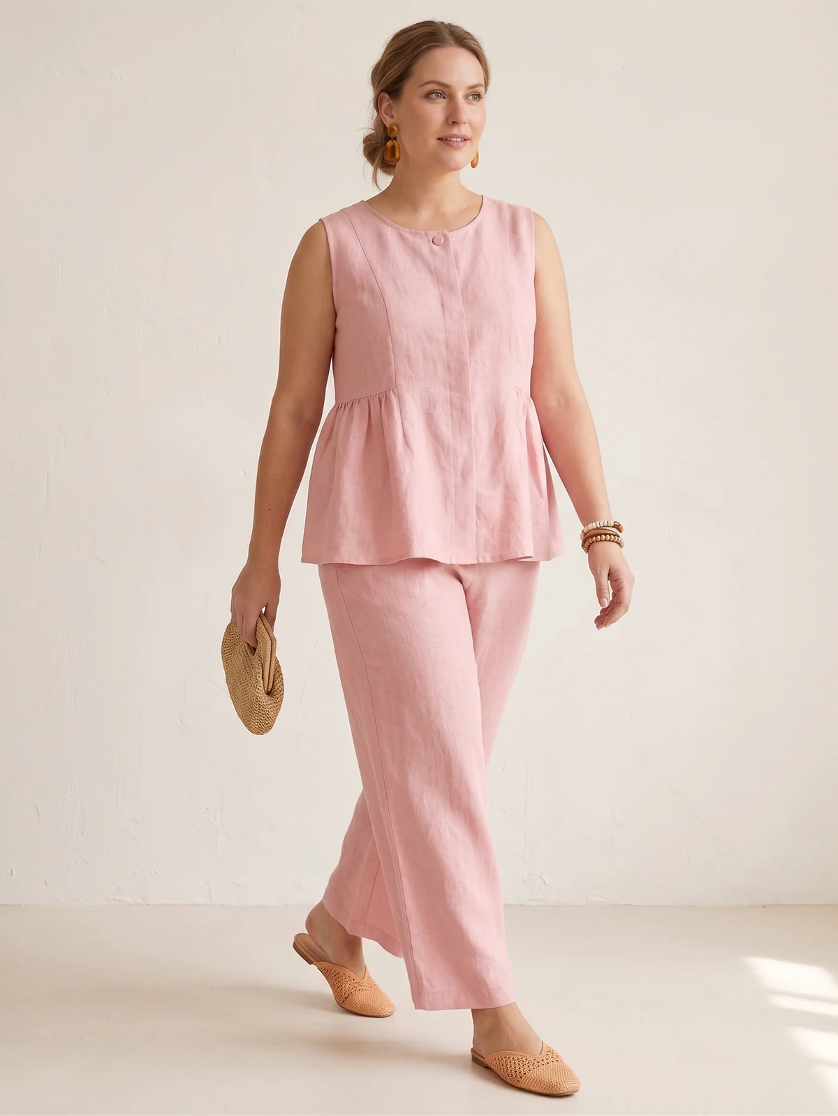 Larui Plus Size Women's Vacation Linen Top and Pants Set