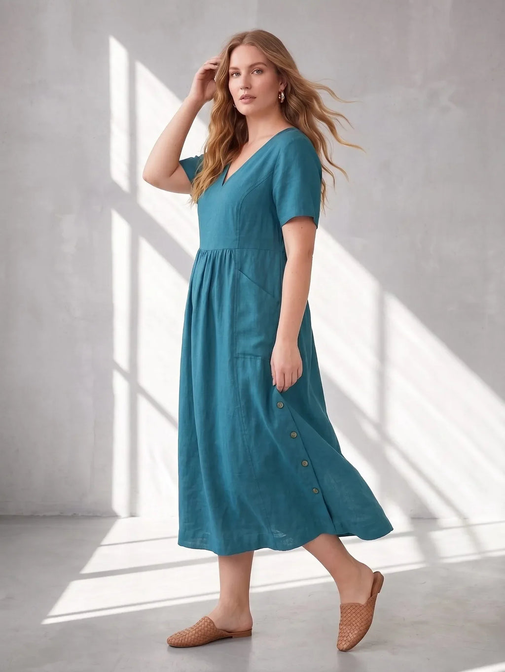 Larui Plus Size Women's Linen Pocket Dress