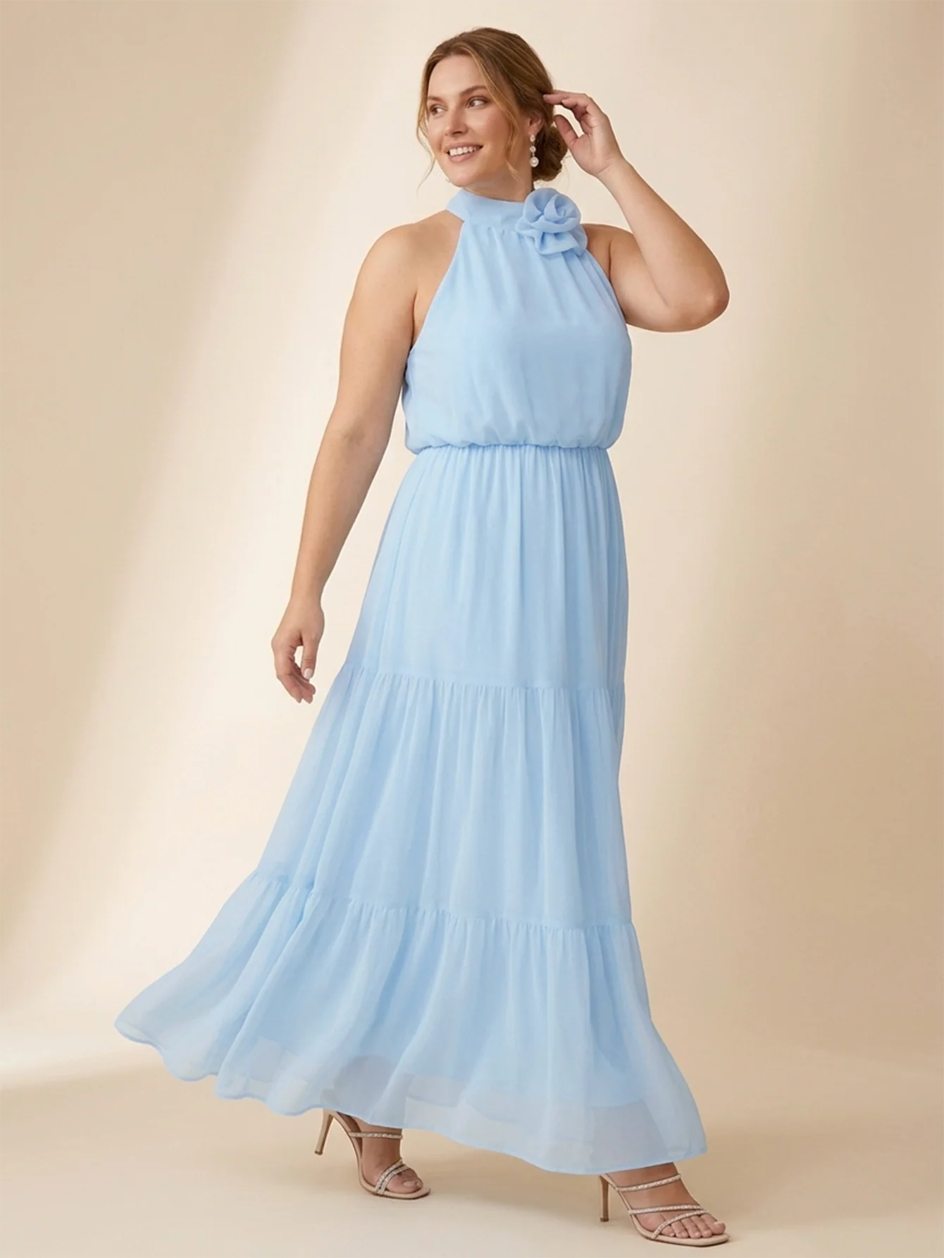 Larui Plus Size Wedding/Vacation A-Line Chiffon Dress With Floral Embellishments