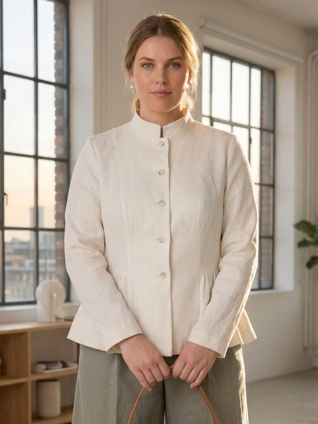Larui Plus Size Women's Elegant Linen Coat With Ruffled Hem