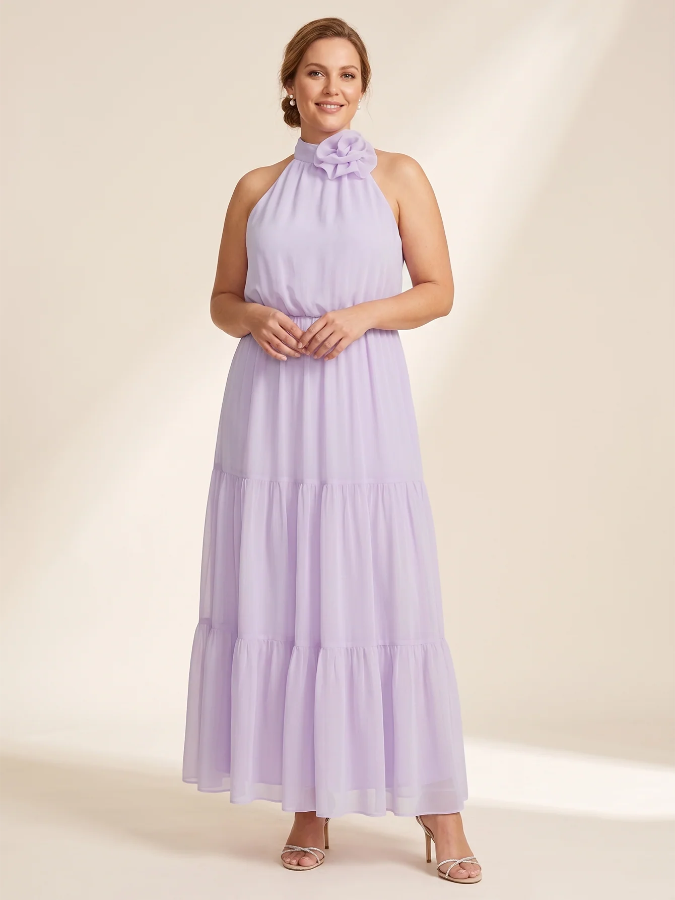 Larui Plus Size Wedding/Vacation A-Line Chiffon Dress With Floral Embellishments