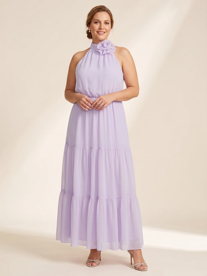 Larui Plus Size Wedding/Vacation A-Line Chiffon Dress With Floral Embellishments