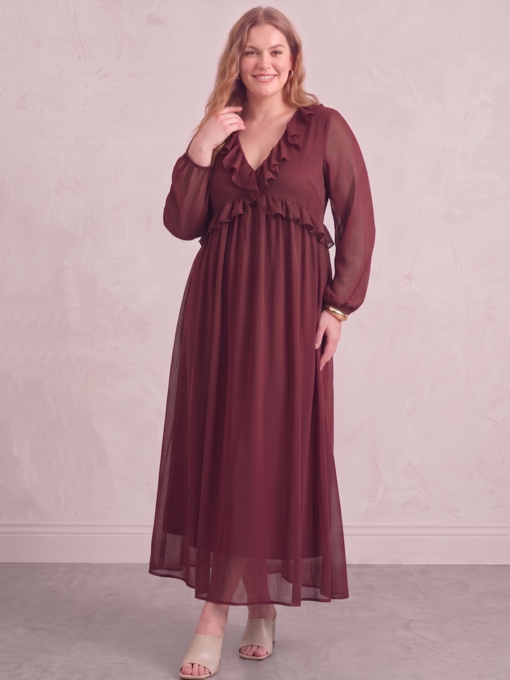 Larui Plus Size Women‘s Chiffon Ruffled V-Neck Dress
