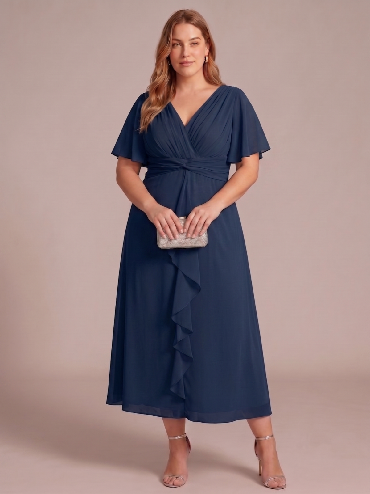 Larui Women's Plus-Size Chiffon Dress with V-Neck and Ruffled Hem