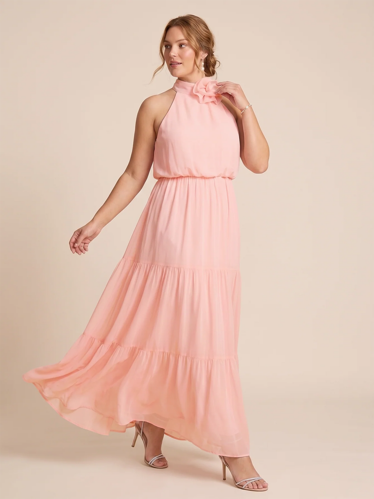 Larui Plus Size Wedding/Vacation A-Line Chiffon Dress With Floral Embellishments