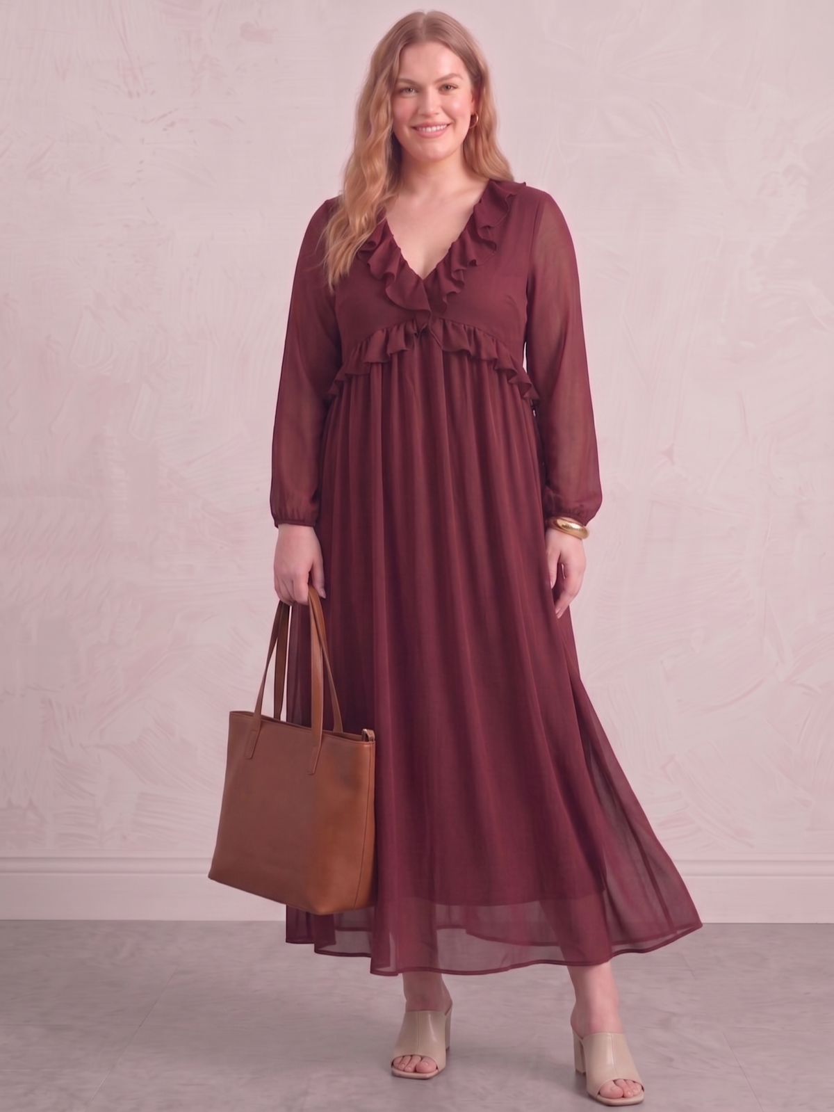 Larui Plus Size Women‘s Chiffon Ruffled V-Neck Dress