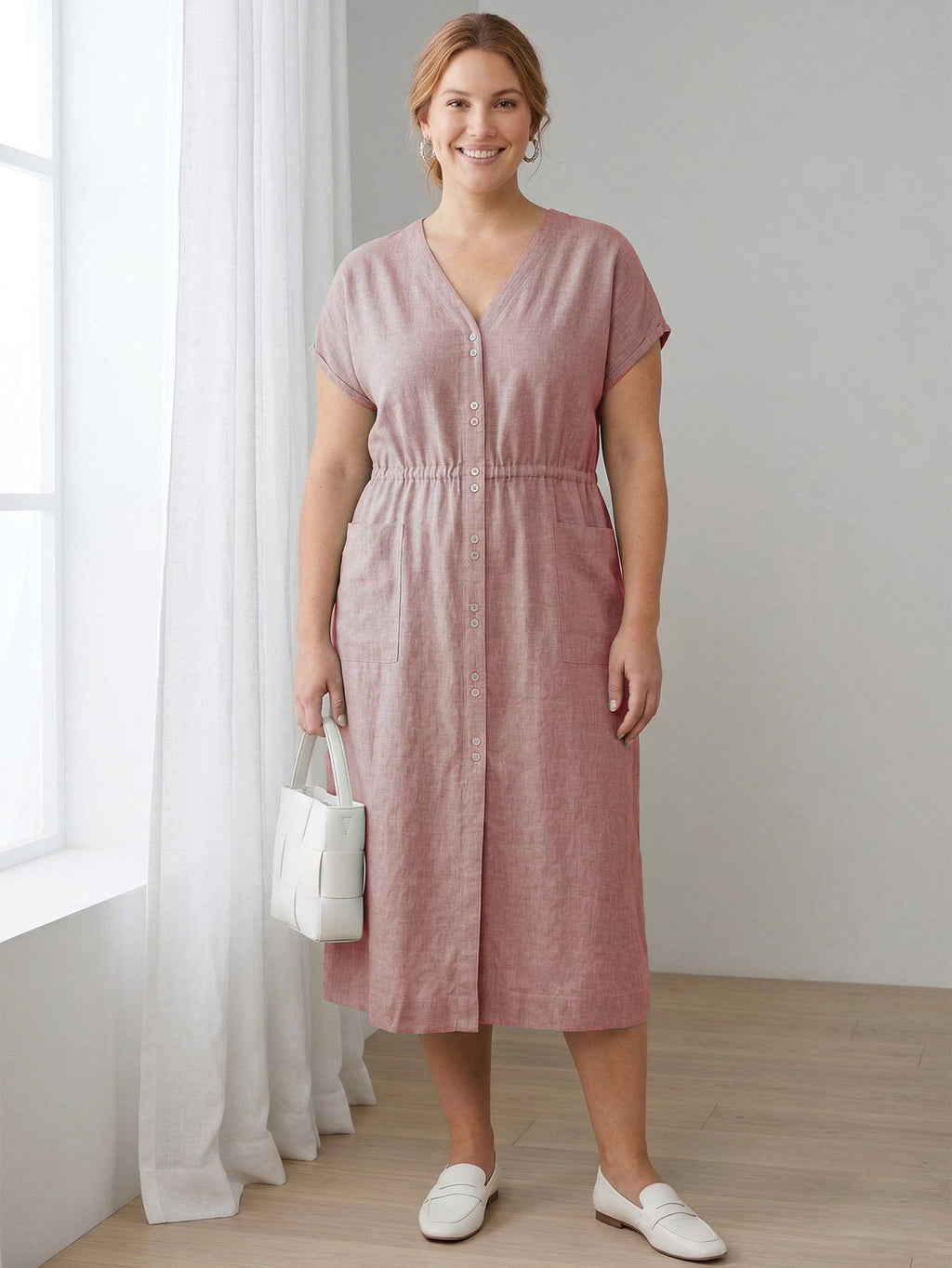 Larui Plus Size Women's Elegant Pocket Linen Dress