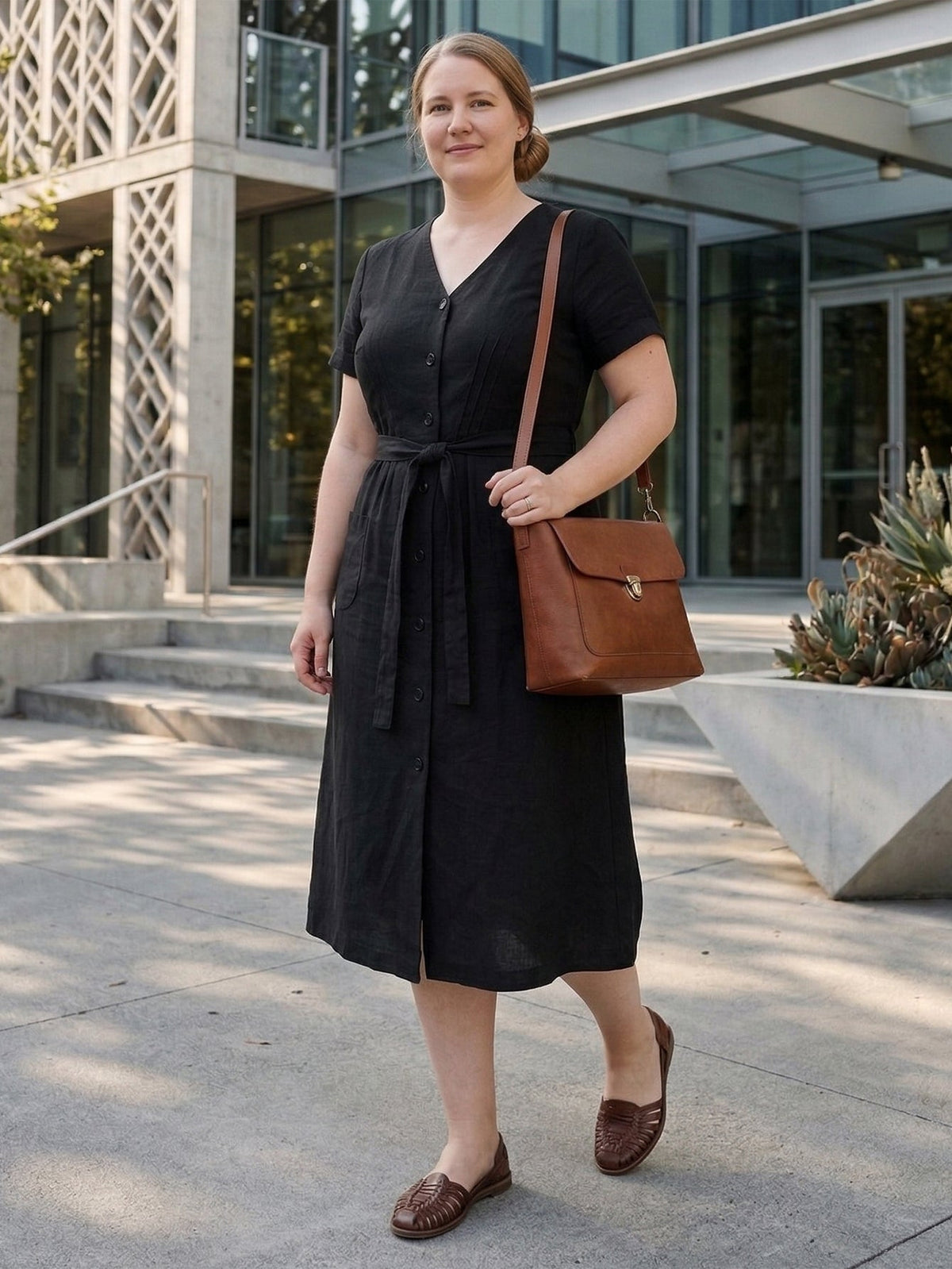 Larui Plus Size Women's Single-Breasted Linen Dress