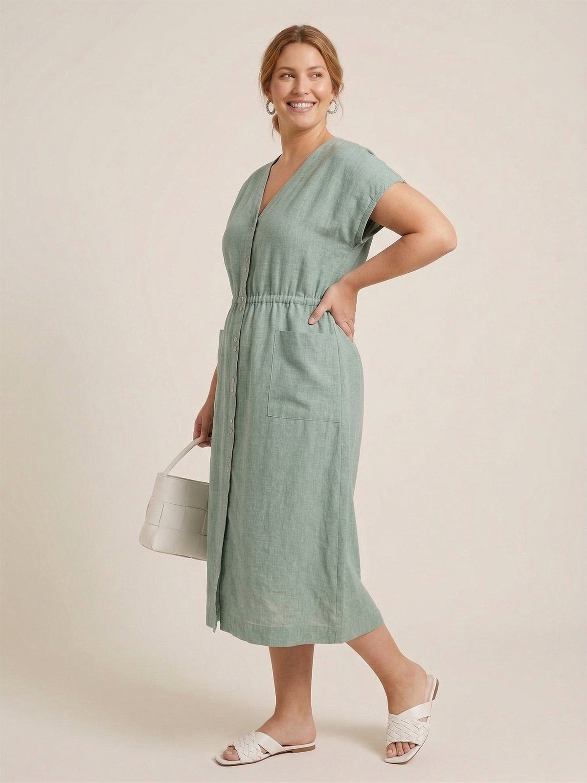 Larui Plus Size Women's Elegant Pocket Linen Dress