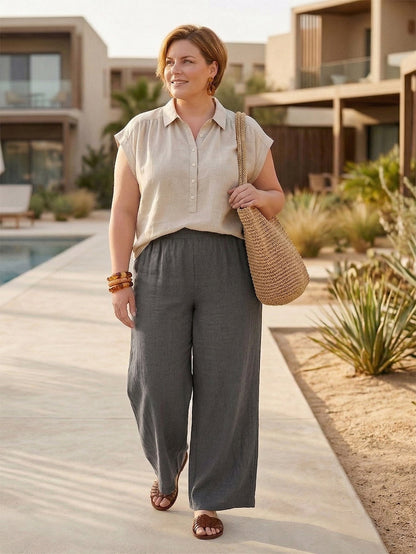 Larui Plus Size Women's Pleated Linen Shirt