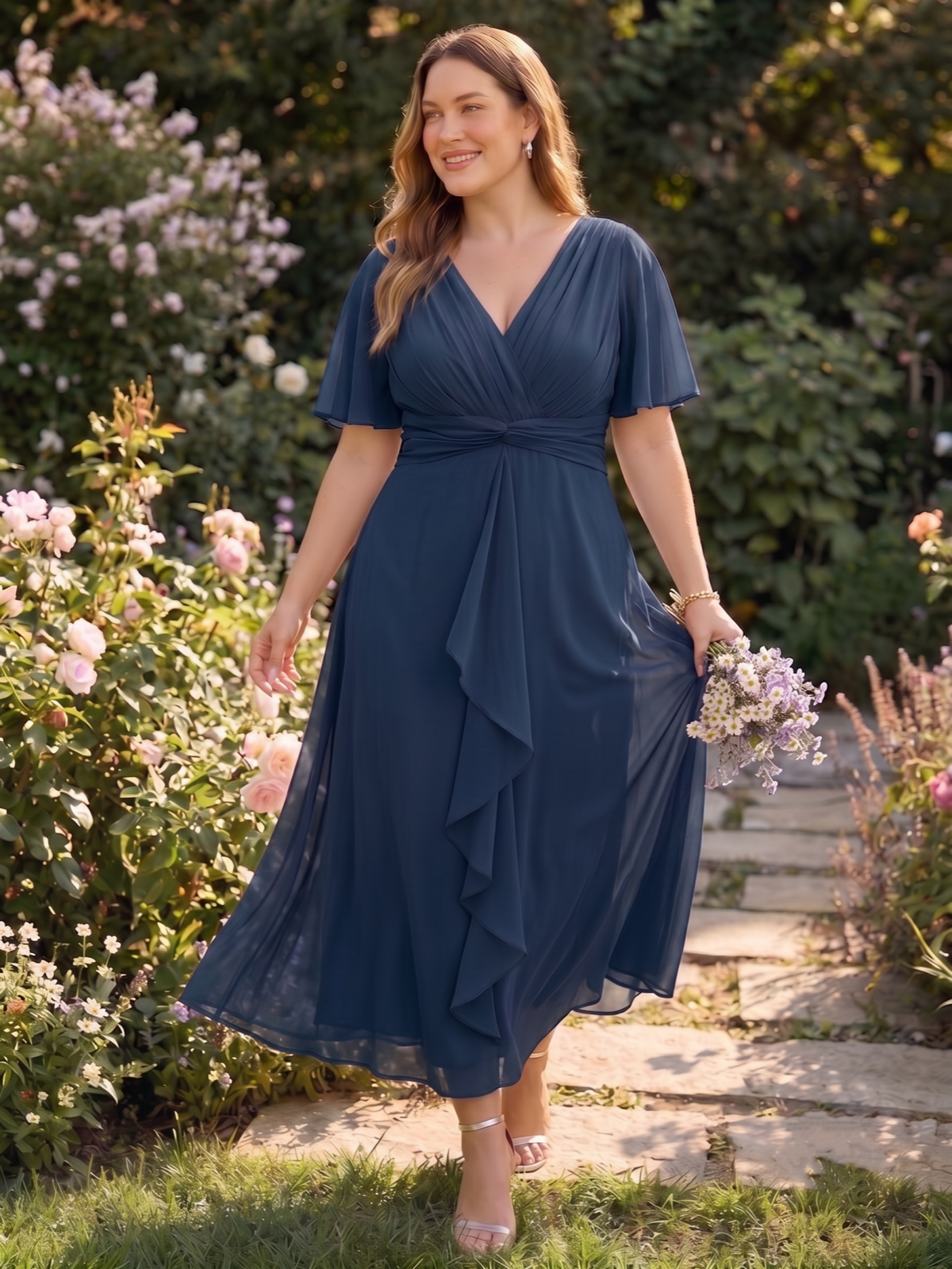 Larui Women's Plus-Size Chiffon Dress with V-Neck and Ruffled Hem