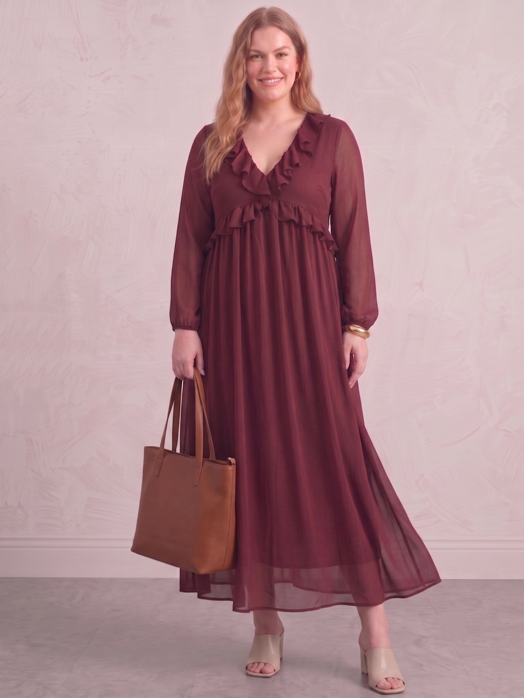Larui Plus Size Women‘s Chiffon Ruffled V-Neck Dress