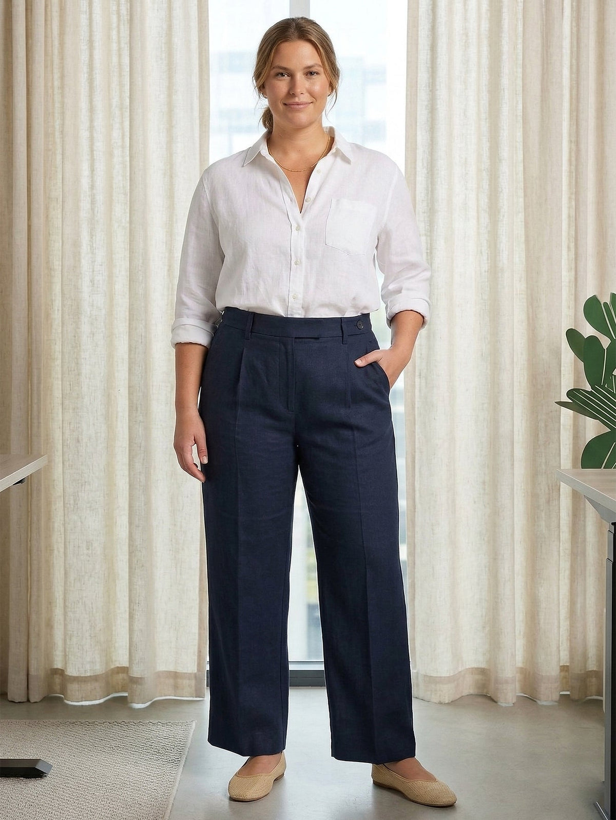 Larui Plus Size Women's Linen Straight-Leg Trousers