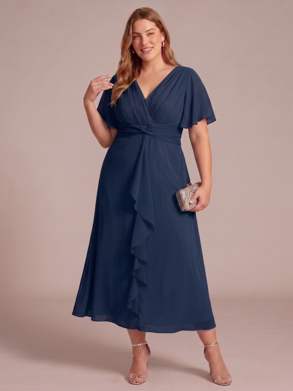 Larui Women's Plus-Size Chiffon Dress with V-Neck and Ruffled Hem