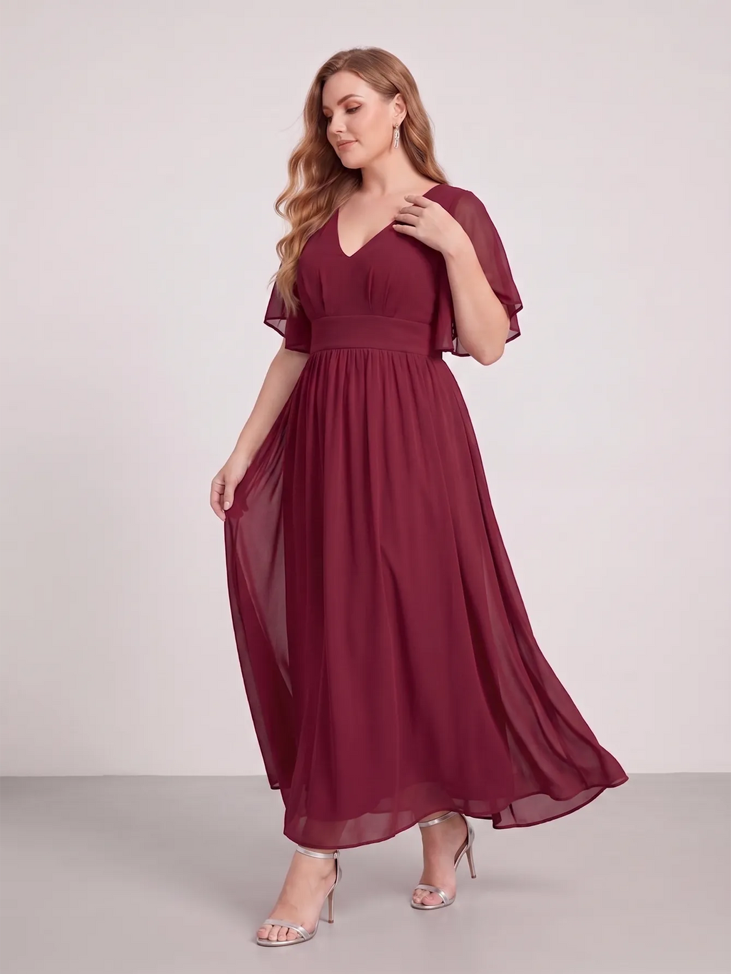 Larui Plus Size Women‘s V-Neck Chiffon Ruffles Sleeves Dress
