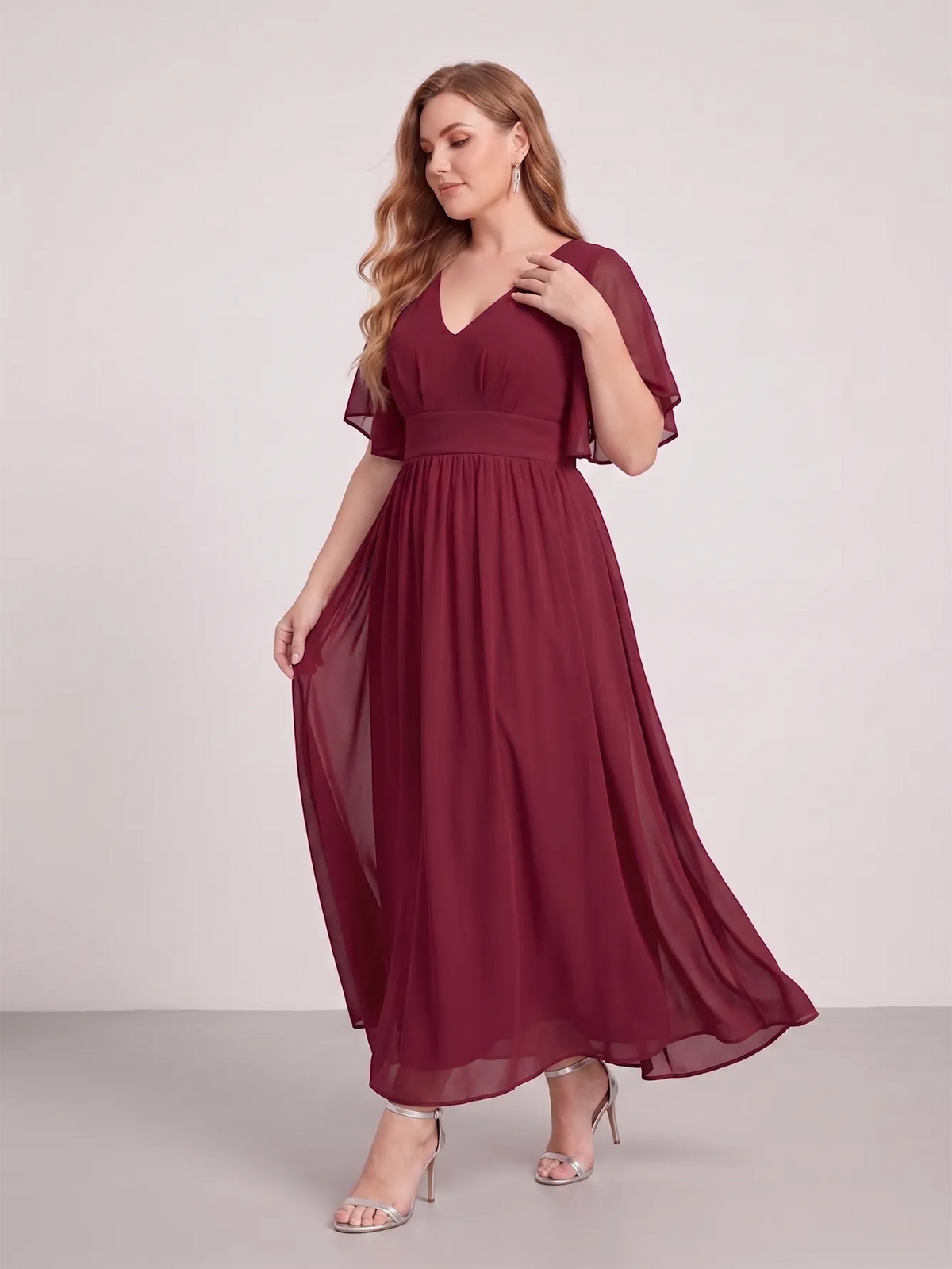 Larui Plus Size Women‘s V-Neck Chiffon Ruffles Sleeves Dress