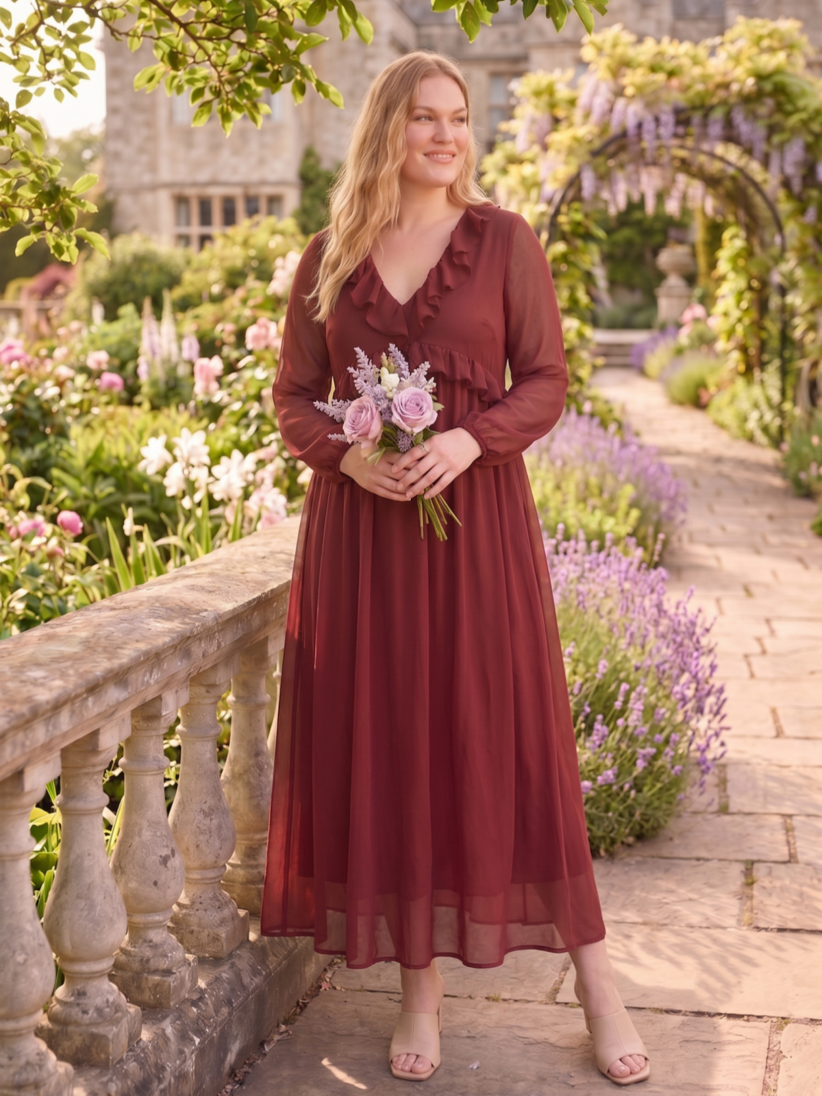 Larui Plus Size Women‘s Chiffon Ruffled V-Neck Dress
