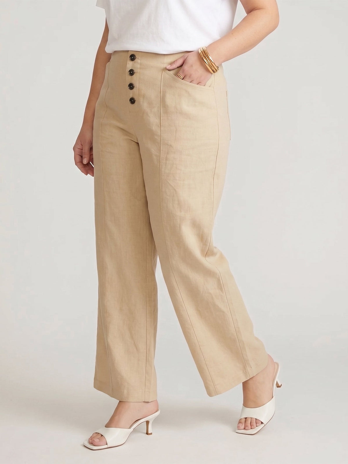 Larui Plus Size Women's ButtonDown Wide-Le-g Linen Pants