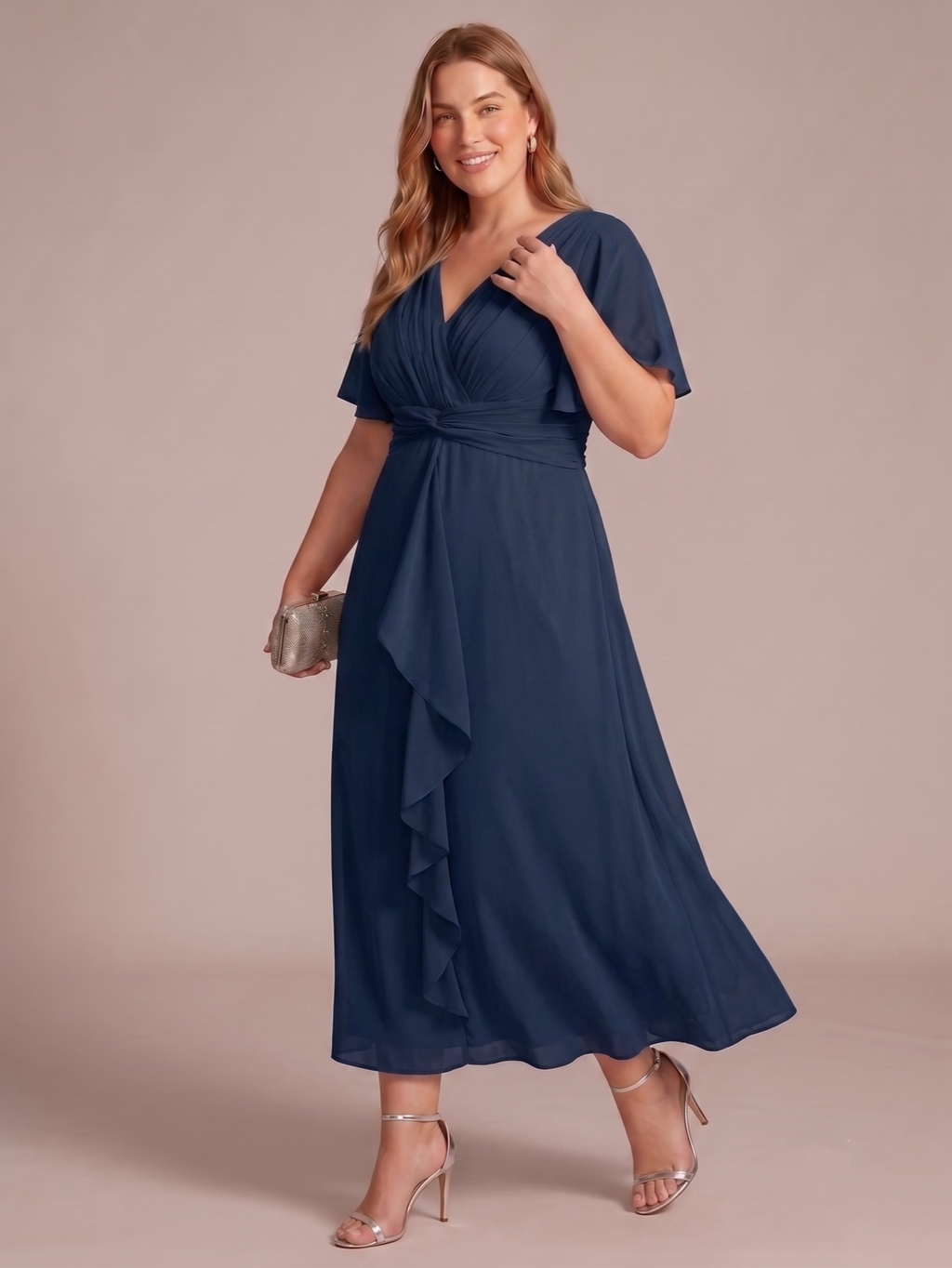 Larui Women's Plus-Size Chiffon Dress with V-Neck and Ruffled Hem