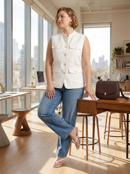 Larui Plus Size Women's Pocket Linen Vest