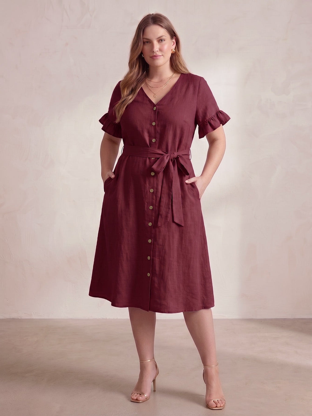 Larui Plus Size Women's Linen Short Sleeves Dress With Belted