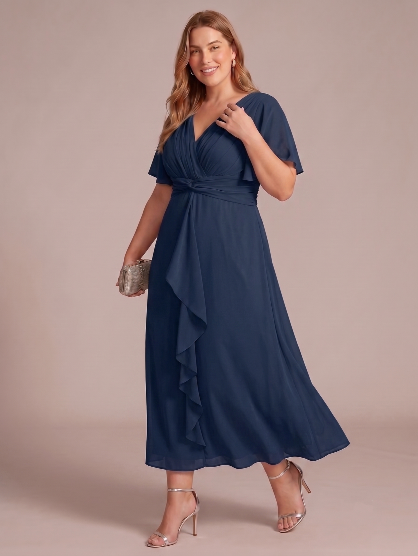 Larui Women's Plus-Size Chiffon Dress with V-Neck and Ruffled Hem