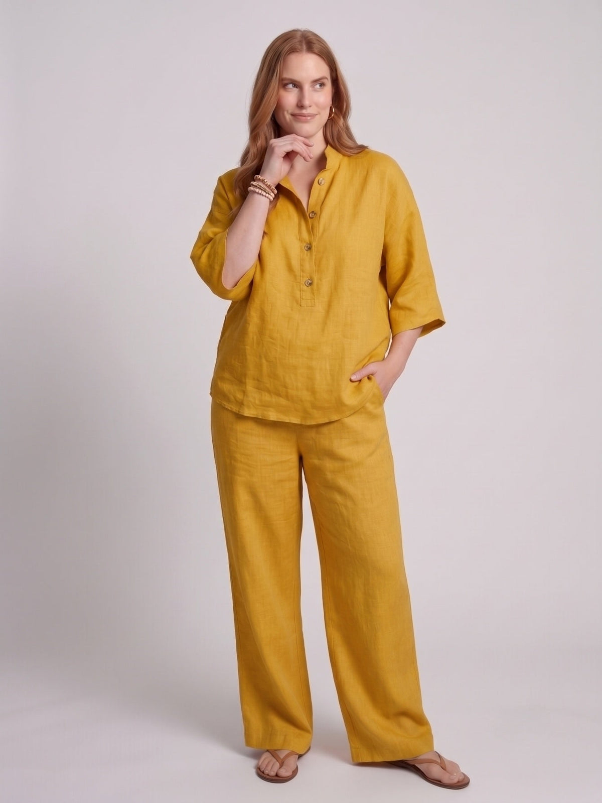 Larui Plus Size Women's V-Neck Button-Detail Casual Linen Set