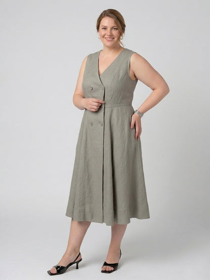 Larui Plus Size Women's Elegant Double-Breasted Linen Dress