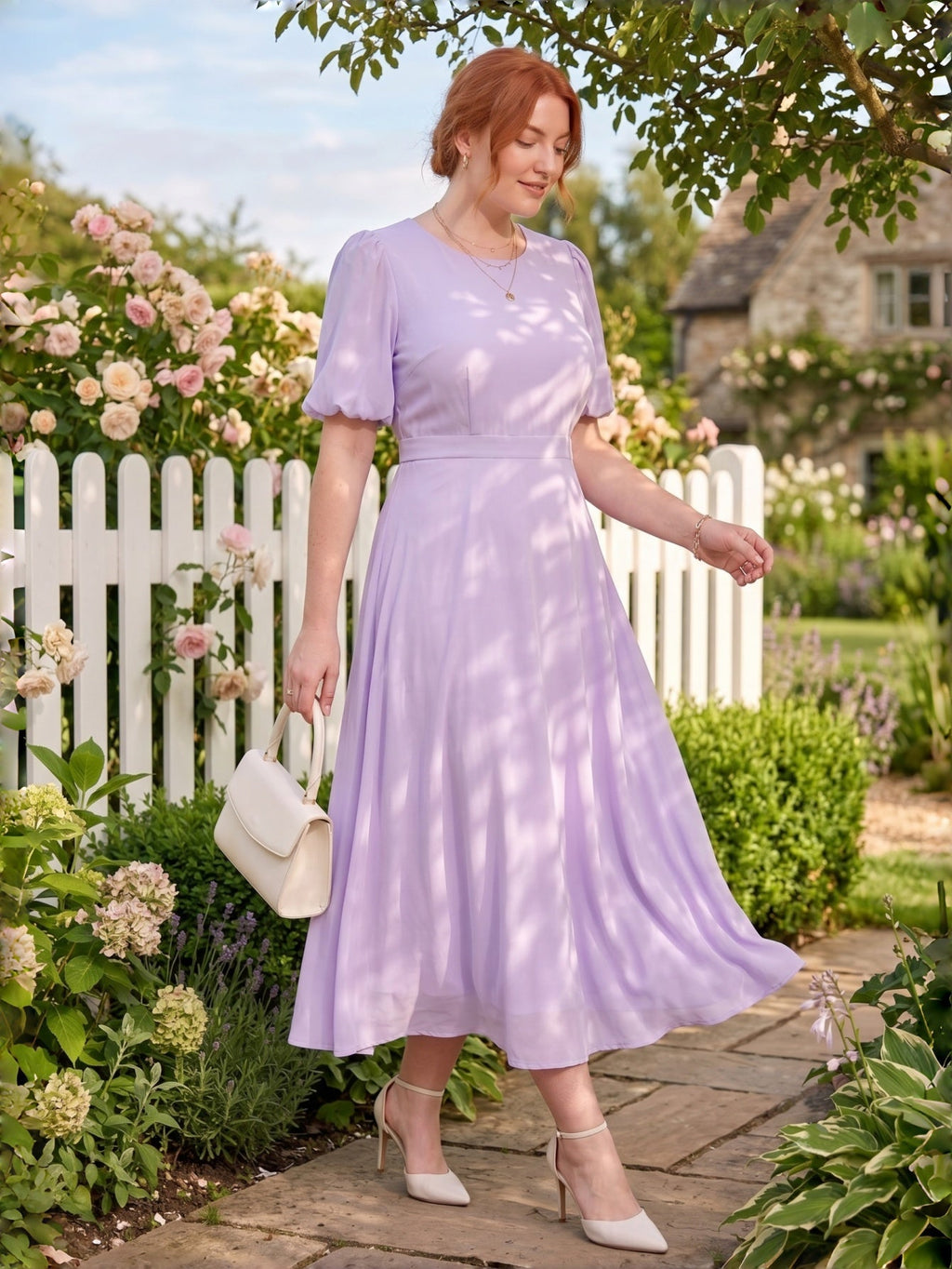 Larui Plus-Size Women's Puff-Sleeve Crew-Neck Dress