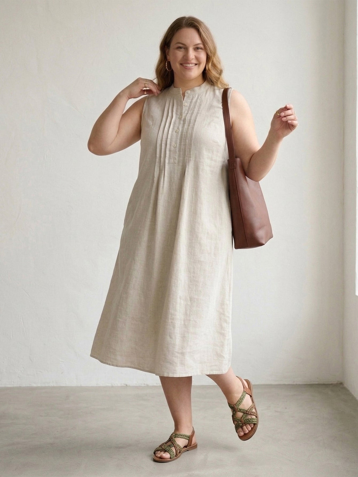 Larui Plus Size Women's Pleated Linen Dress