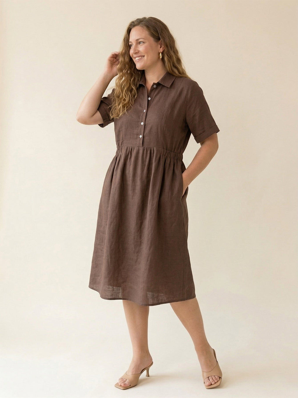 Larui Plus Size Women's Fitted Linen Pocket Dress