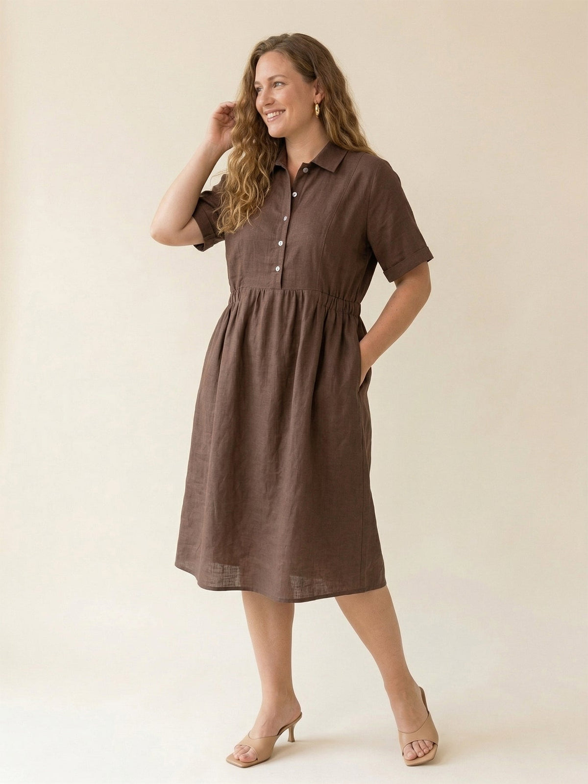 Larui Plus Size Women's Fitted Linen Pocket Dress