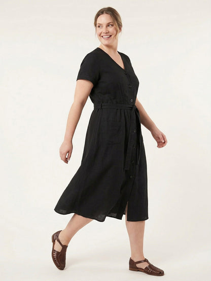 Larui Plus Size Women's Single-Breasted Linen Dress