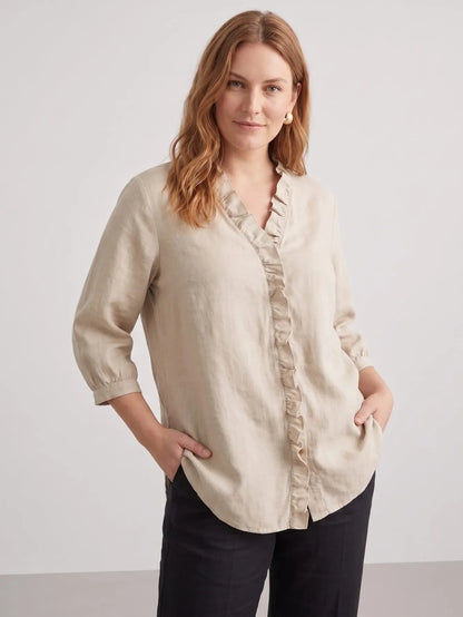 Larui Plus Size Women's Linen Ruffles 3/4 Sleeves Blouse