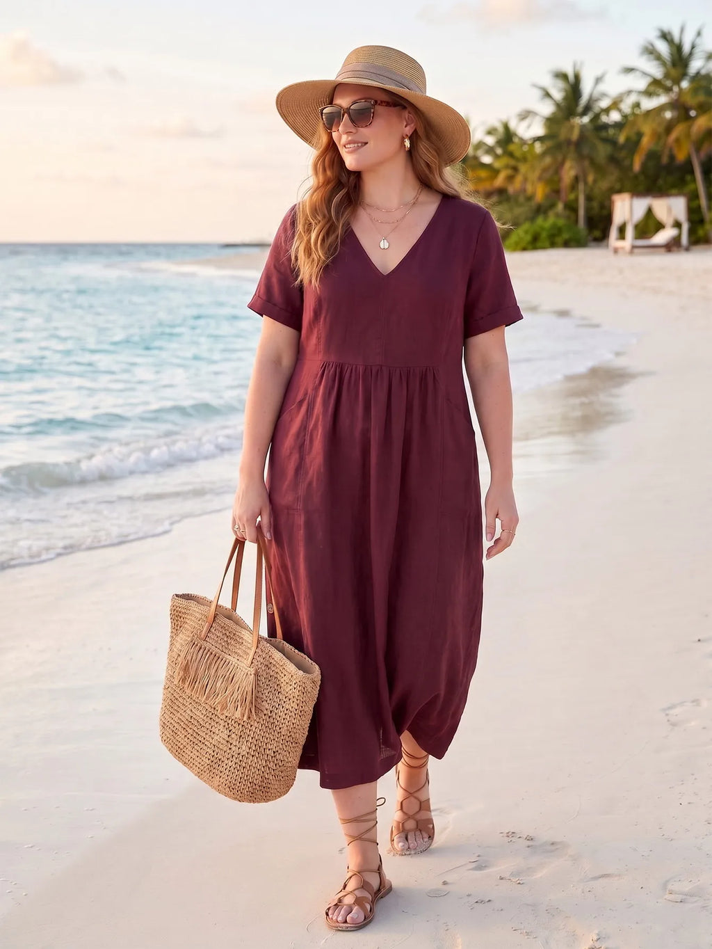Larui Plus Size Women's Linen Pocket Dress