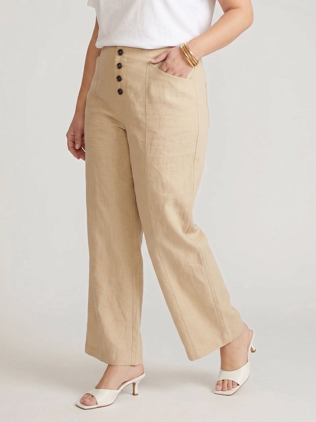 Larui Plus Size Women's Button-Down Wide-Leg Linen Pants