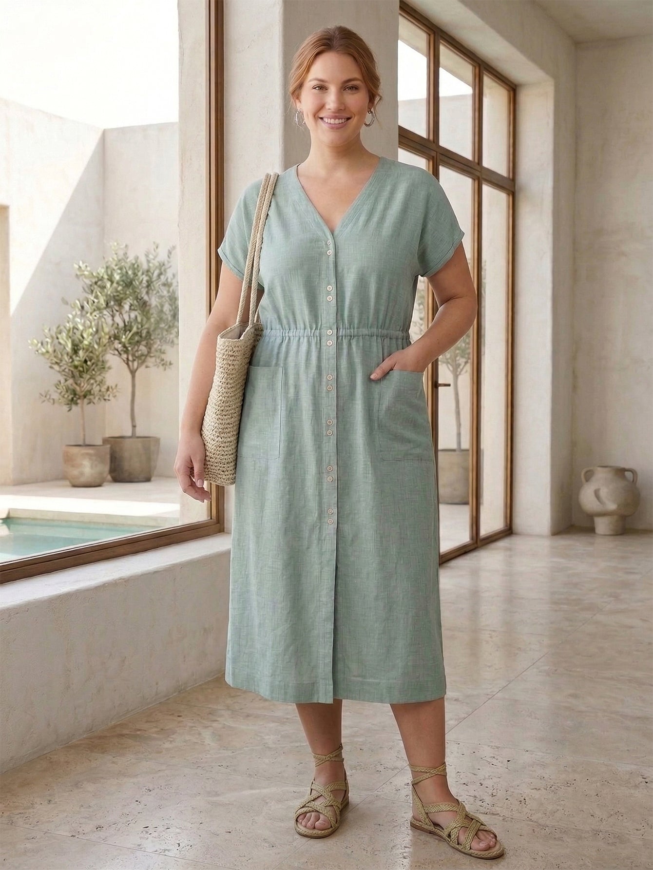 Larui Plus Size Women's Elegant Pocket Linen Dress
