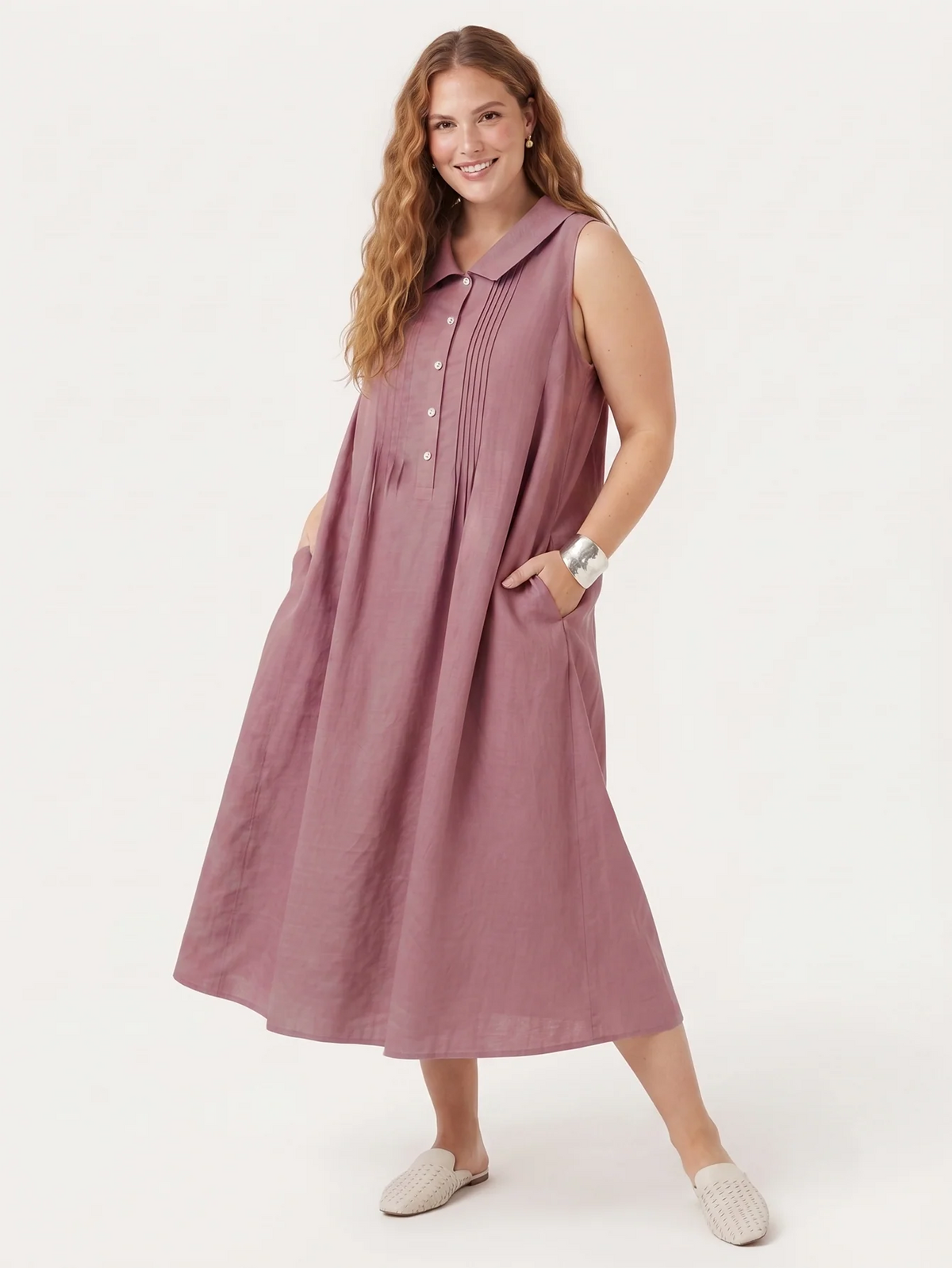 Larui Plus Size Women's Vacation Linen A-Line Dress With Pleats