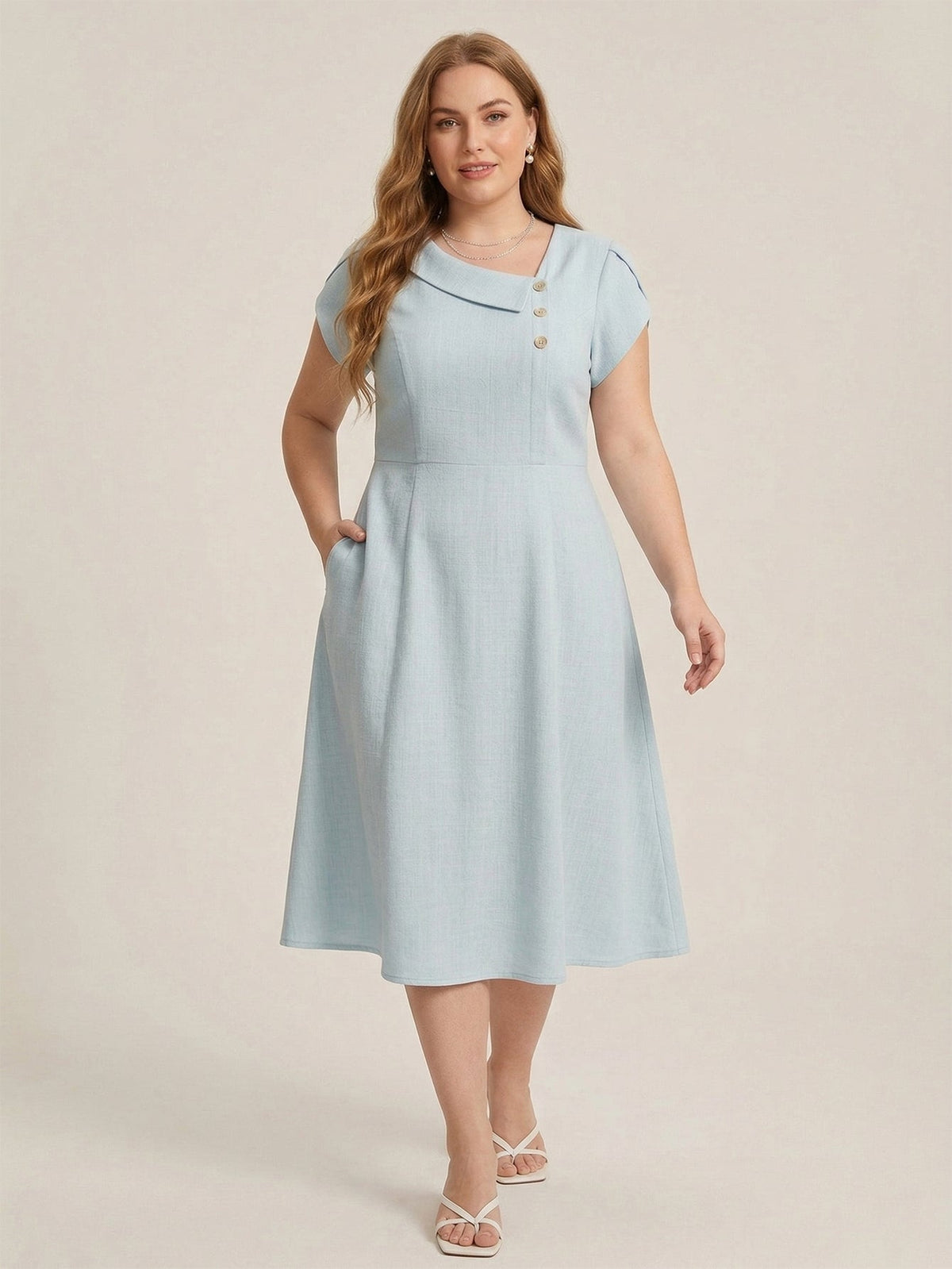 Larui Plus Size Women's Elegant Irregular Collar Linen Pocket Dress